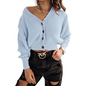 Women's Cropped Cardigan V Neck Button Down Ribbed Knit Long Sleeve Casual Sweater for Office Daily Wear M