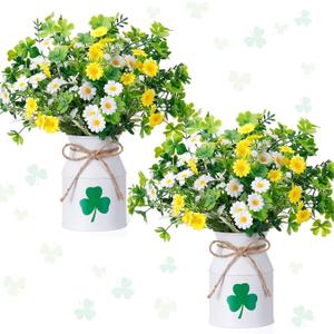 10 Pcs St. Patrick's Day Decorations Table Centerpiece Artificial Daisy Four Leaf Clover Branches with Vase Set Green Floral Arrangements for Home Farmhouse Party