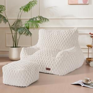 Bean Bag Chair with Ottoman, Modern Giant Bean Bag Couch Sofa with Footstool, Lounge Large Bean Bag Chairs for Adults Teens, Comfy Faux Fur Reading Chair for Bedroom, Living Room
