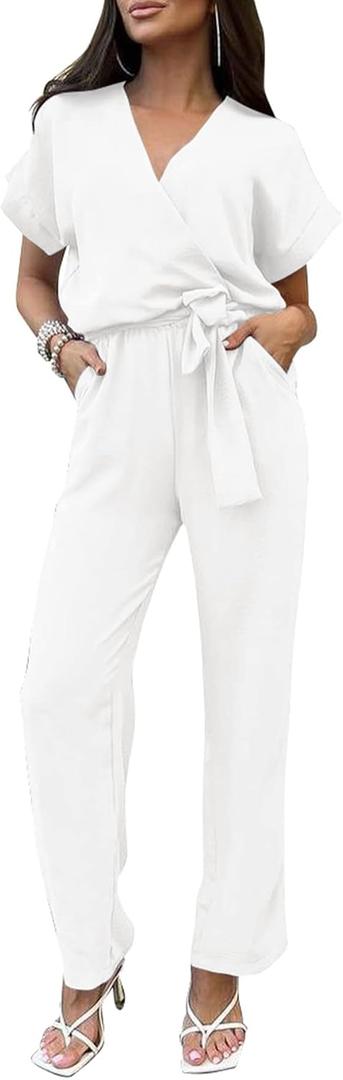 PRETTYGARDEN Women's One Piece Jumpsuits Dressy Casual Summer Short Sleeve Wrap V Neck Wide Leg Pants Romper Spring Clothes (White, M)