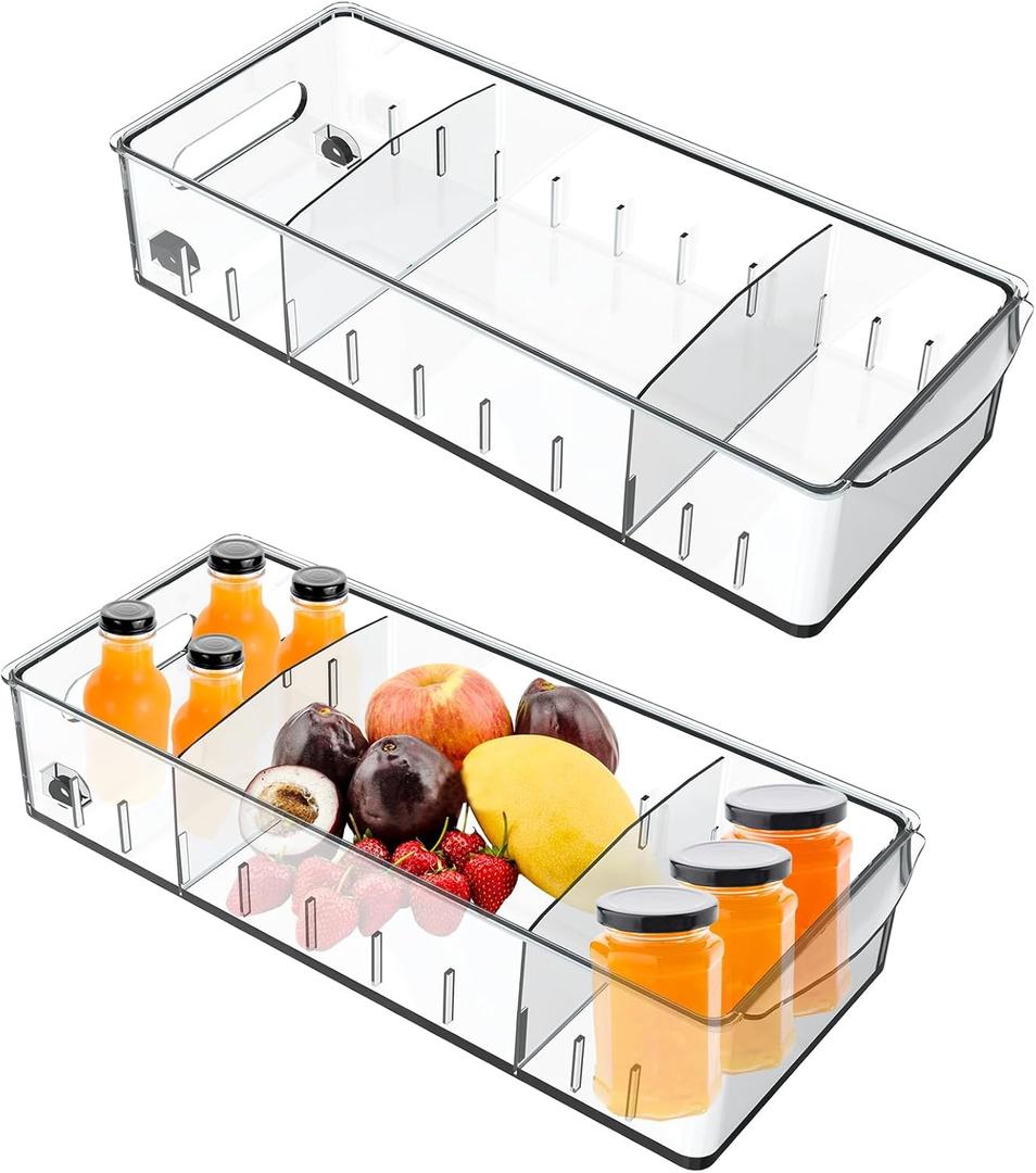 2 PCS Fridge Organizer with Wheels, Refrigerator Organizers and Storage with Adjustable Dividers, Clear Pantry Organizer Bins for Kitchen Organization and Storage