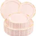 DaYammi 60 PCS Pink Gold Plastic Plates, Pink Disposable Plates with Gold Rim Include: 30 Dinner Plate, 30 Dessert Plate for Party, pink plastic plates with Vintage lace for Wedding
