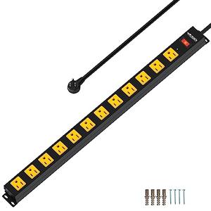 12 Outlet Long Power Strip, 2100 Joules Surge Protector, 6FT Power Cord, Wide Spaced Outlet Power Bar, Overload Protection Switch, Industrial Heavy Duty for Work Bench, Shop, Garage