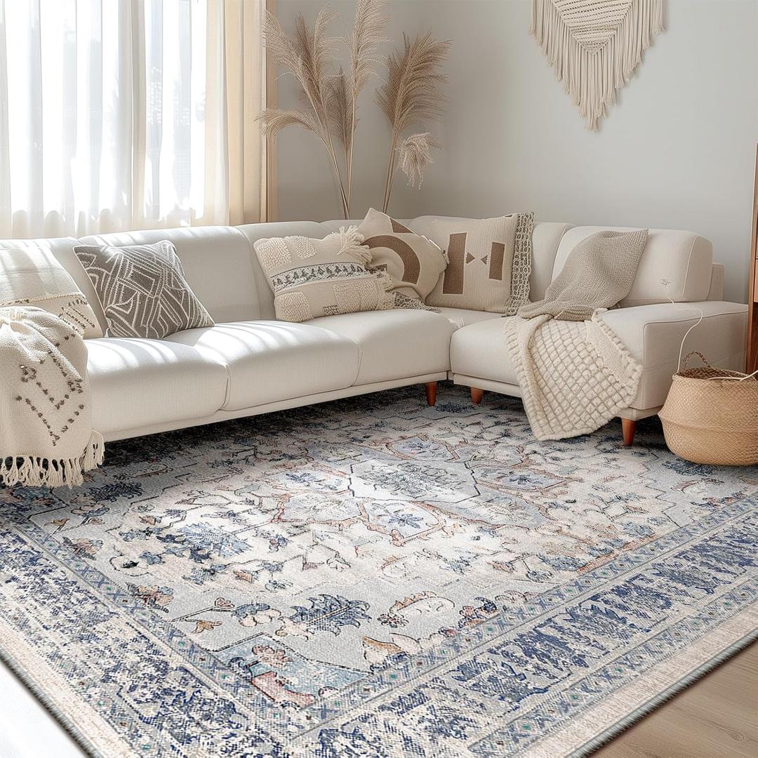 BESTSWEETIE 9x12 Area Rug Washable Rugs for Living Room, No Pile Boho Carpet for Entryway Bedroom Dinning Room, Vintage Carpet Print Distressed Non-Slip, 9 x 12 ft, Beige Blue