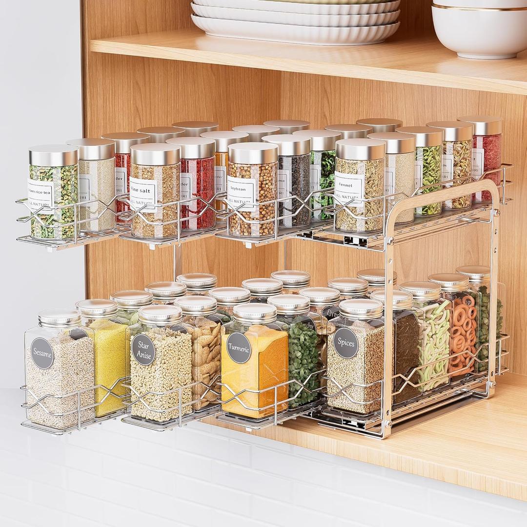BOIVSHI Spice Rack Organizer, Heavy Duty Vertical Spice Rack Pull Out for Cabinet, 2 Tier Metal Spice Rack for Kitchen, Pantry, Easy to Install & Smooth Sliding, Chrome, 11W x 10.5D x 9.5H