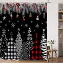Merry Christmas Tree Shower Curtain Winter Forest Snowflake Pine Red Buffalo Plaid Xmas Trees Farmhouse New Year Holiday Black Bathroom Decor Set Polyester Fabric with Hooks 70X70 Inch