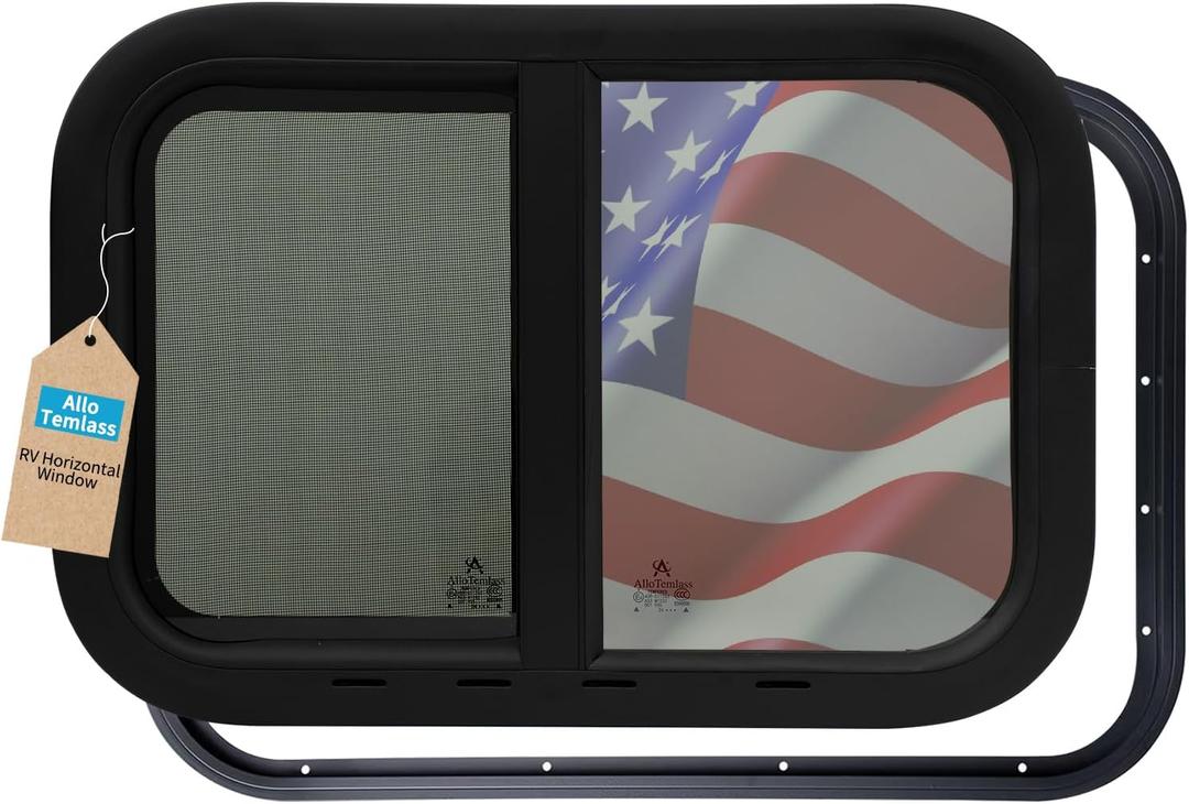 Horizontal RV Window, 21" W x 14" H, Black, Tempered Glass & Aluminum, Passenger Side, Compatible with Van, RV, Truck, Bus