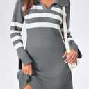 Saodimallsu Womens Striped Sweater Dress V Neck Collared Long Sleeve Slim Fit Ribbed Knit Trendy Mini Dresses (Small, Gray)