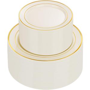 U-QE 100pcs Ivory Plastic Plates for Party - Ivory Gold Plastic Plates Disposable Heavy Duty - Include 50 10" Dinner and 50 7" Dessert Plate, Perfect for Party, Wedding