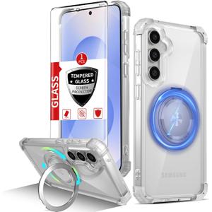 Magnetic for Samsung Galaxy S25 Plus Case Compatible with MagSafe Wireless Charging,with 1 Screen Protector,S25+Plus Case Built-in 360Kickstand Shockproof Military Grade Drop Protection Clear