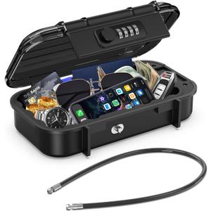 LOFICOPER Portable Lock Box, Beach Security Box for Travel, Anti-Theft 4-Digit Combination Lock Box, Cash Box with Removable Wire Rope for Dorm, Gym, Travel, Hotel, Office (Dark Black)