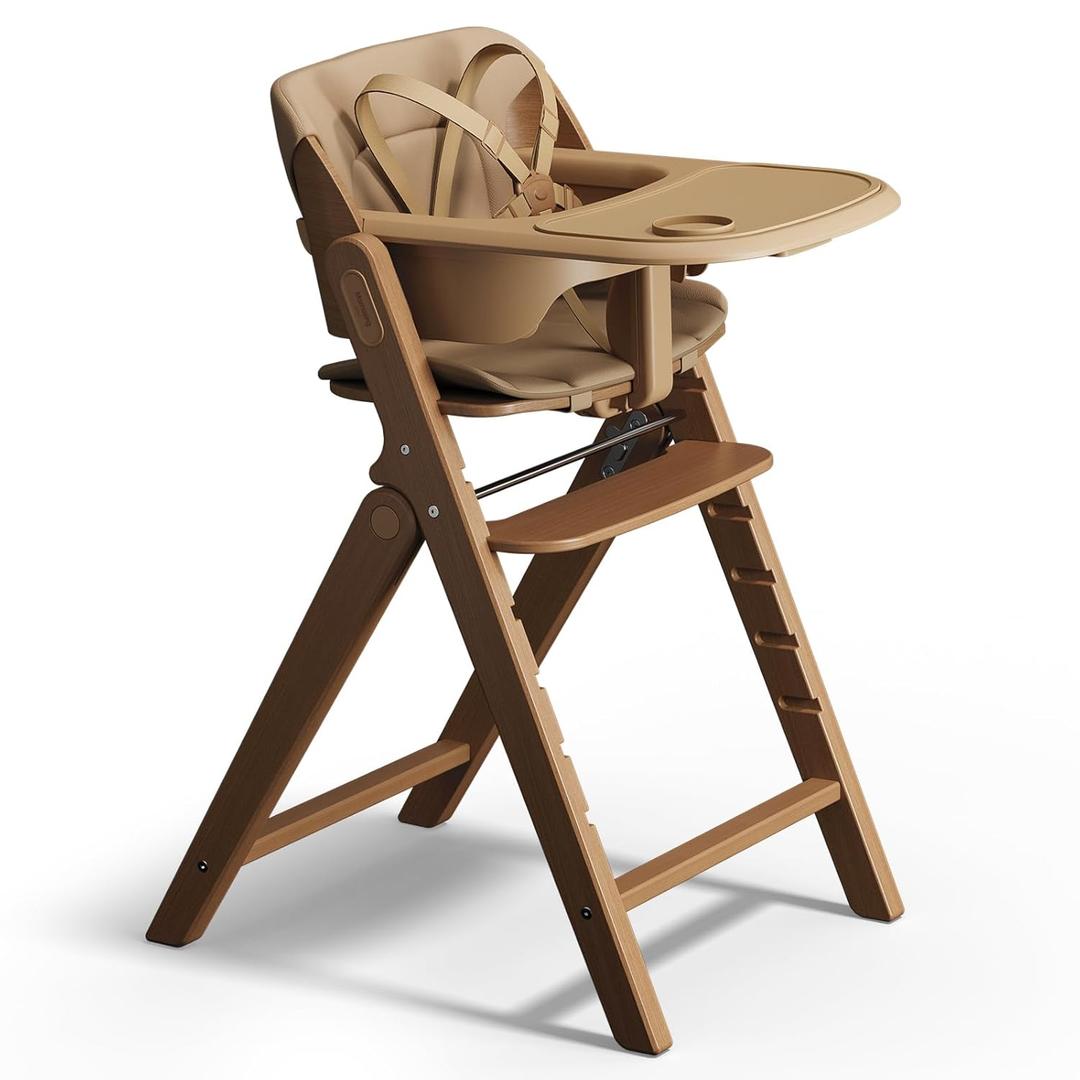 Mamazing GrowPod Pro Wooden Baby High Chair for 6 Months to 300lbs, Easy to Clean with Tray, Compact Foldable Highchair for Kitchen & Dining Room, with 5-Point Safety Harnesses and Guard Bar (Walnut)
