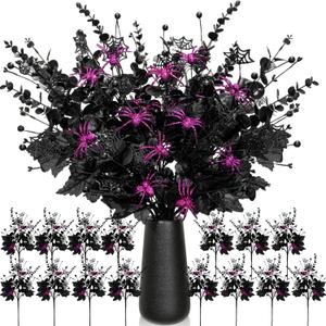 Giegxin 15 Pcs Halloween Floral Picks Halloween Decorations 19.5inch Black Artificial Flowers Branches Eucalyptus Stems Glitter Spiderweb Maple Leaf Stems for Home Indoor Party Vase Arrangement Decor