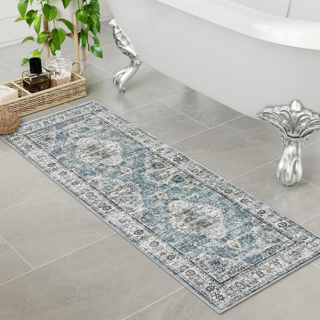 Uphome Bathroom Rugs Runner, Distressed Farmhouse Boho Blue Bath Mat, Non Slip Washable Long Bath Rugs, Vintage Traditonal Soft Velvet Bathroom Runner for Bathtub Sink Shower, 18x47 inch