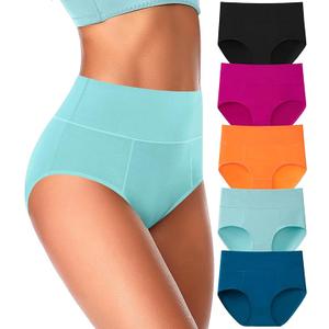 ASIMOON High Waisted Cotton Underwear for Women Plus Size Slight Tummy Control Full Coverage Panties Briefs Ladies Pack 5 , XL