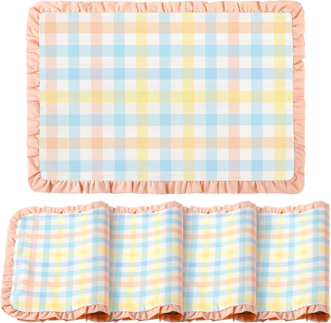 Frienda Set of 4 Easter Placemats 14 x 20 Inch Linen Pastel Gingham Washable Placemat Blue Pink Yellow Buffalo Plaid Table Mats Farmhouse Spring Easter Table Mat for Kitchen Dining Home Decoration