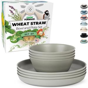 Grow Forward Premium Wheat Straw Plates and Bowls Sets - 8-Piece Wheat Straw Dinnerware Sets - Unbreakable & Reusable Microwave Safe Plastic Dinner Plates for Outdoors, RV, Camping Dishes - Feather