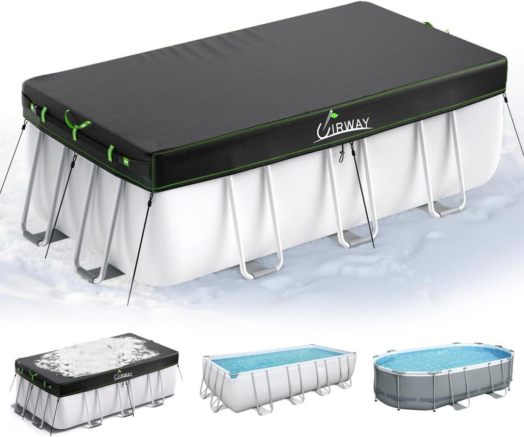 UIRWAY 9x18 FT Winter Rectangular Pool Cover with Reflective Strips, Swimming Pool Cover for Above Ground Pool, Solar Cover Including Rope Tie and Luminous Ground Nails for Rectangular or Oval Pools