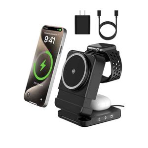 3-in-1 Foldable Wireless Charging Station, 15W Qi2 Magnetic Charger Stand for iPhone, Samsung, Apple Watch, Galaxy Watch, AirPods and Galaxy Buds, Travel Charger with 25W PD Adapter, Black