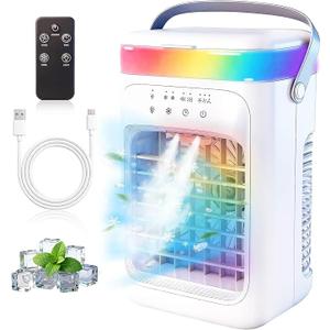 Portable Air Conditioners, 3-in-1 Personal Air Conditioner Fan with 1000ML Water Tank, 4 Speeds, 2 Mist Modes, 2/4/6H Timer, RGB Light, USB Mini Evaporative Air Cooler for Bedroom Office Desk Camping