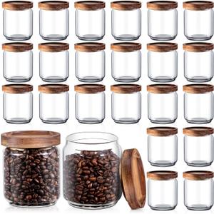 Irenare 16 Pcs Glass Containers Canister Set, 17 oz Food Storage Spice Jars with Airtight Lids, Clear Kitchen Containers for Coffee Sugar Tea Beans Nuts Candy Pantry Organization(Wood)