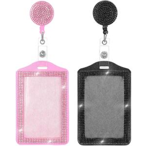 2 PCS Bling Badge Reel Holder, Retractable Pink Black Vertical Badge Holders, Portable Rhinestone Lanyards Badge Reel Clip for Nurse, Teacher, Doctor, Office Business(Pink, Black)