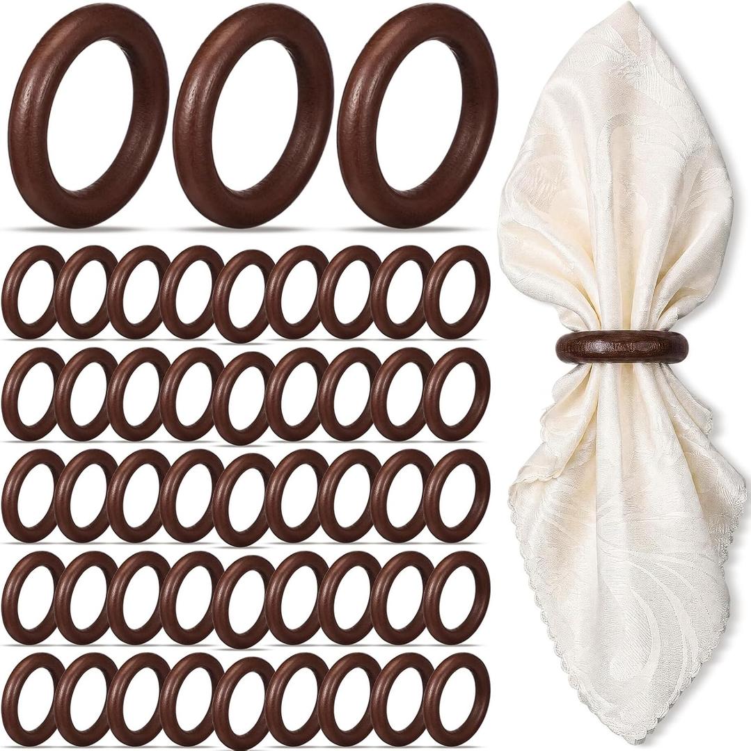 Thenshop 50 Pcs Decorative Wooden Napkin Rings Bulk Exquisite Round Dining Table Napkin Holder Buckles for Elegant Dining Wedding Harvest Holiday Party Home Gift Mini Hanging Ring (Dark Brown)