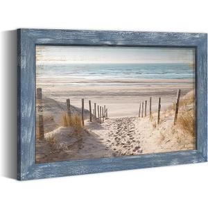 Framed Beach Road Wall Art: Modern Coastal Sea Level Painting Wood Decor Rustic Blue Ocean Artwork Calming Seascape Nature Picture Contemporary Sandy Seaside Prints for Bedroom Bathroom Living Room,