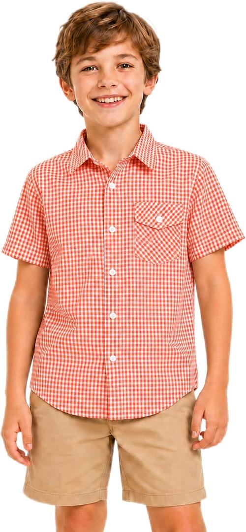 Bienzoe Boys Plaid Cotton Shirt: Button Down Tops | Casual Short Sleeve, Classic Gingham Pattern, Chest Pocket, Breathable for Summer Outdoor Play Picnic Camp (Orange)