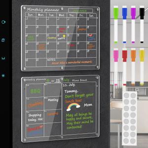 Magnetic Acrylic Calendar for Fridge,2 Pack 11"x15" Clear Fridge Calendar Dry Erase Magnetic Planning Boards Set for Refrigerator with 8 Colorful Highlight Markers
