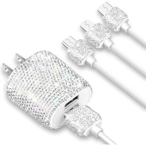 Bling USB Wall Charger with Charging Cable,Fast Block for iPhone Android,3 in 1 Multi Cable Micro USB Type C Multiple USB Cord with Crystal Decoration,Cell Phone Accessories for Women,Girls