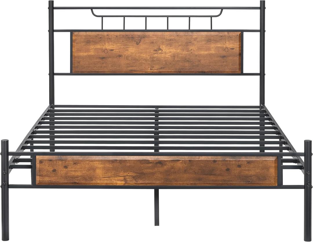 VECELO Full Size Platform Bed Frame with Wood Headboard/Mattress Foundation/Premium Steel Slats Support/No Box Spring Needed,Brown(Crown)