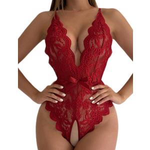 SOLY HUX Women's Floral Lace Scalloped Trim Criss Cross Back Lingerie Teddy Bodysuit S