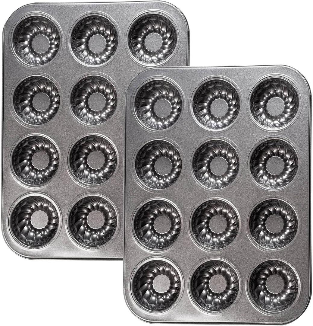 Mini Bndt Cake Pan 2 Pack, Nonstick Brownie Bowl Pan 12-Cavity Fluted Small Round Cake Tray Shortcake Pan Mold for Fall Baking Thanksgiving Muffin Bavarois, Carbon Steel Cake Pan