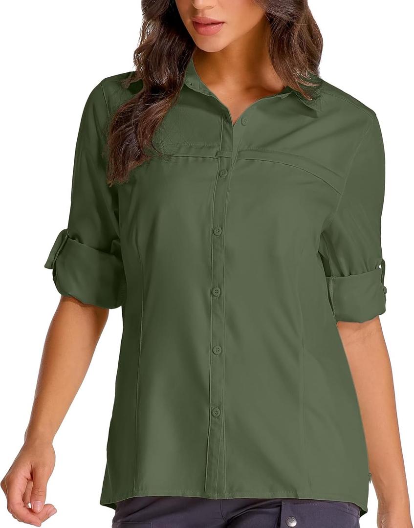 Womens Fishing Safari Shirt Sun Protection Hiking Shirts Quick Dry Lightweight UPF 50 Long Sleeve for Travel Outdoor Camping (3X-Large, Army Green)