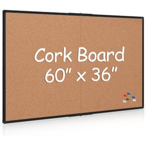 Board2by Extra Large Cork Bulletin Board 60" X 36", Foldable Notice Pin Board for Wall, Black Aluminum Framed 5'x3' Corkboard, Wall Mounted Noticeboard with 36 Push Pins for School, Home & Office