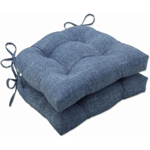 Pillow Perfect Tory Solid Indoor/Outdoor Reversible Patio Chairpad with Ties Weather and Fade Resistant, 17" x 17.5", Blue, 2 Count