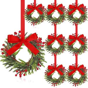 Dingion 8 Pcs 6 Inch Mini Cabinets Christmas Wreaths for Kitchen Mini Norfolk Wreath with Ribbon Bows and Berry Hanging Artificial Greenery for Farmhouse Door Wall Window Decor(Novel Style)