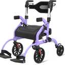 Walkers for Seniors, 2 in 1 Rollator Walker with Seat, 10" Front & 8" Rear Big Wheels, Walker Wheelchair Combo, Foldable Transport Chair, Adjustable Handles Height, 310 Lbs Capacity, Purple