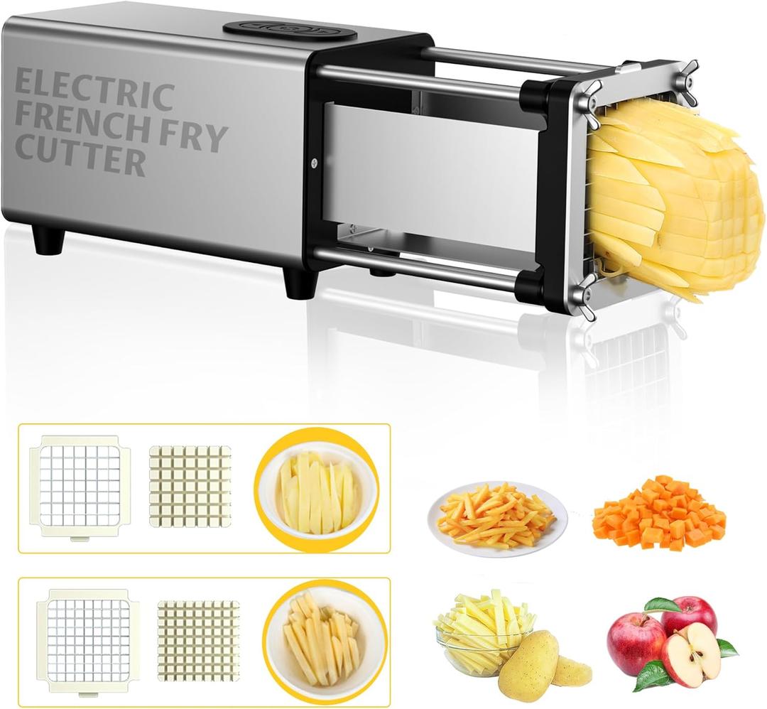 YOTAN Electric French Fry Cutter,French Fry Cutter Stainless Steel with 1/2 & 3/8 Inch Blade,Commercial and Household Electric Fry Cutter,Potato Slicer,Use for Potatoes,Onion,Cucumbers,Apples (Silver)