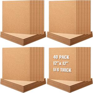 Kosiz 40 Pack Cork Board Square 12" x 12", 1/4" Thick Cork Board Tiles Bulk for Wall Self Adhesive Bulletin Corkboards Tiles Sheet for Wall School Office Home Decoration