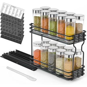 SpaceAid Pull Out Spice Rack Organizer for Cabinet, Heavy Duty Slide Out Seasoning Kitchen Organizer, Cabinet Organizer, with Labels, 4.5" W x10.75 D x8.5 H, 1 Drawer 2-Tier, Black