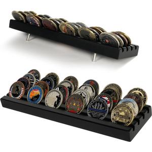 Challenge Coin Display Stand 4 Rows Wooden Military Coin Holder Rack Case Holds 30 Coins, Black Finish