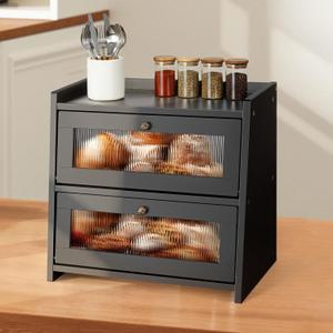 LadyRosian Wooden Bread Box for Kitchen Countertop, Large Bread Storage Container for Homemade Bread, Farmhouse Breadbox Organizer for Cabinet,Pantry,Cupboard,Black