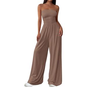 PRETTYGARDEN Womens Trendy Strapless Rompers 2026 Ruched Tube Top Wide Leg One Piece Jumpsuits Beach Vacation Summer Outfits L