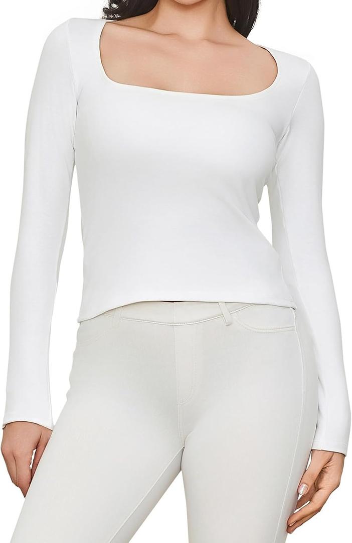 Women's Square Neck Long Sleeve Top : Cotton Flattering Blouse for Fitted Casual Sport Shirt Wear (White, L)