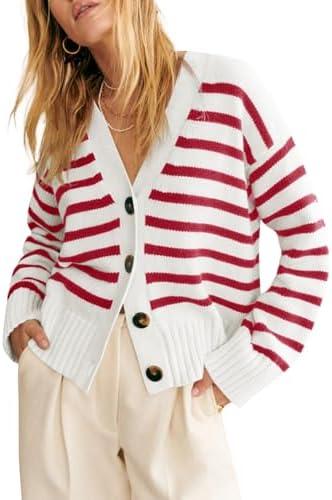 Saodimallsu Womens Striped Cardigan Sweaters V Neck Button Down Long Sleeve Open Front Ribbed Knit Outerwear, Small Red