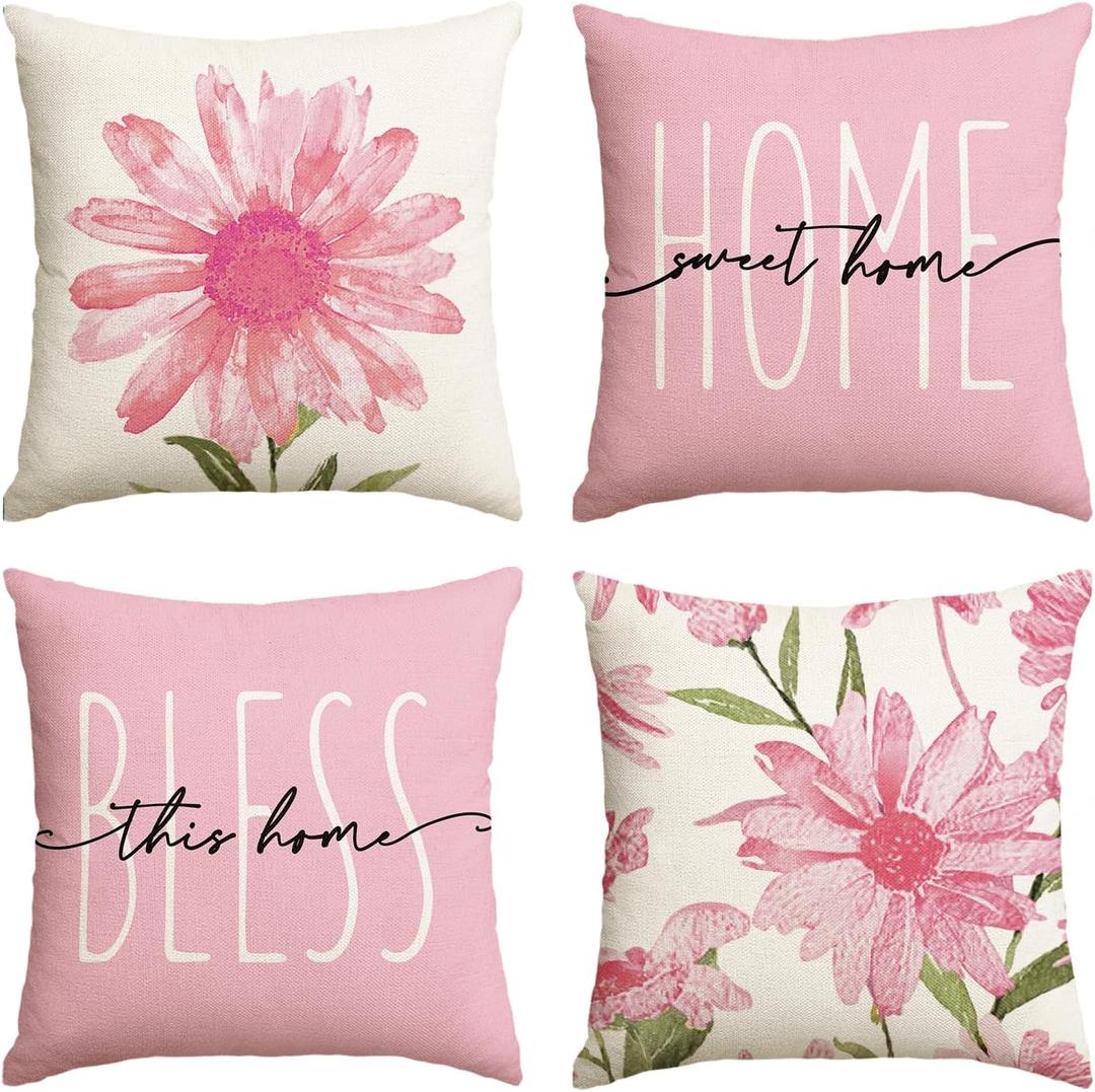 AVOIN colorlife Home Sweet Home Spring Summer Flowers Pink Throw Pillow Covers, 18 x 18 Inch Cushion Case for Sofa Couch Set of 4