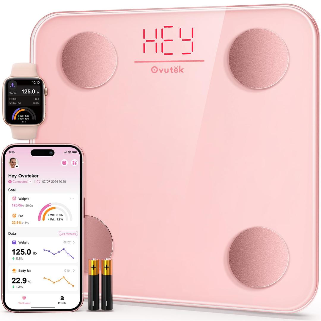 Ovutek Smart Scale for Body Weight, Digital Bathroom Scale BMI Weighing Body Fat Scale, Accurate Body Composition Scale Monitor for People's Health with Smartphone App, Compact Size, 400lb (Pink)