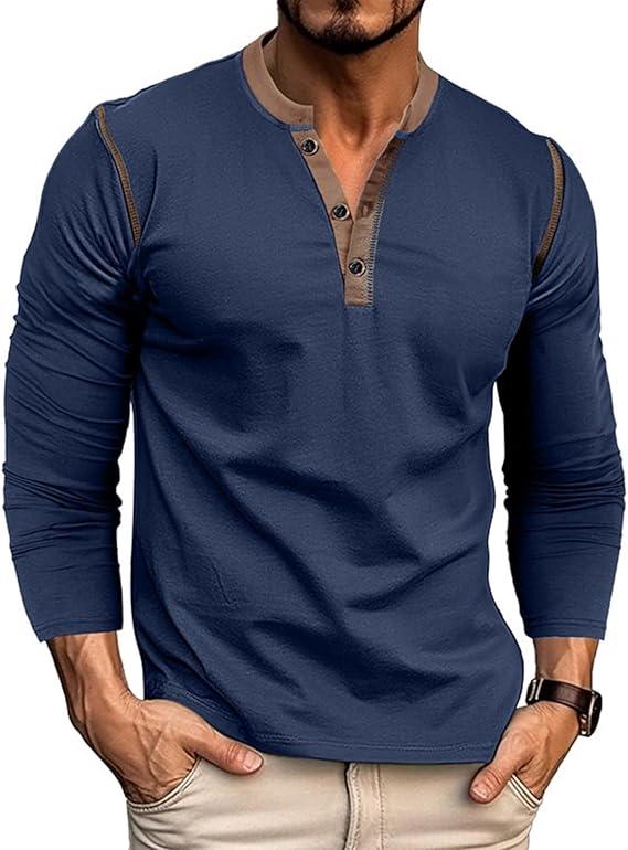 Mens Henley Shirts Long Sleeve Casual Button T-Shirt Classic Basic Cotton Lightweight Stylish Pullover Tees, XXL